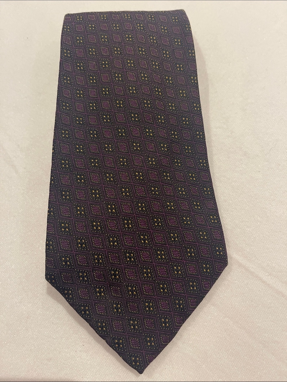 Vintage Polo by Ralph Lauren dark bkgrd & purple and yellow Geometric Silk Tie